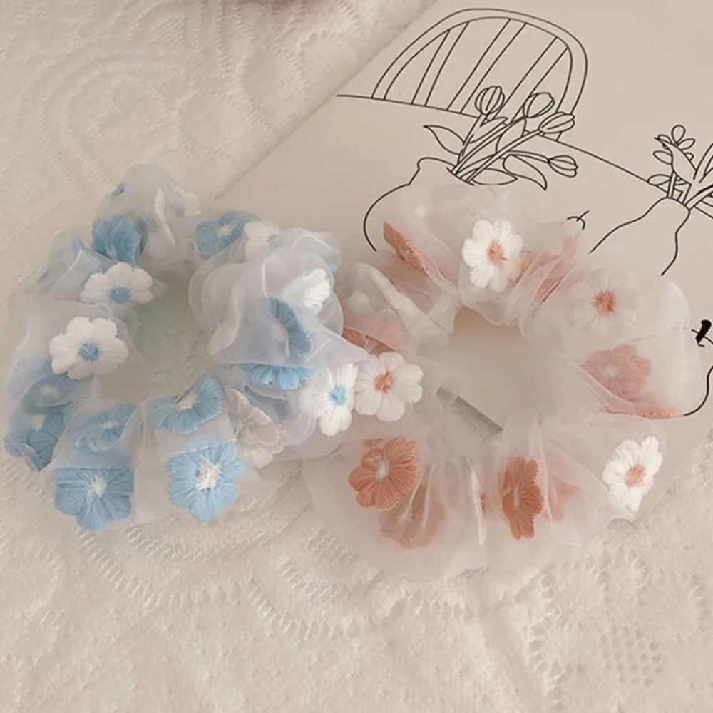Embroidered Flower Scrunchies- 2